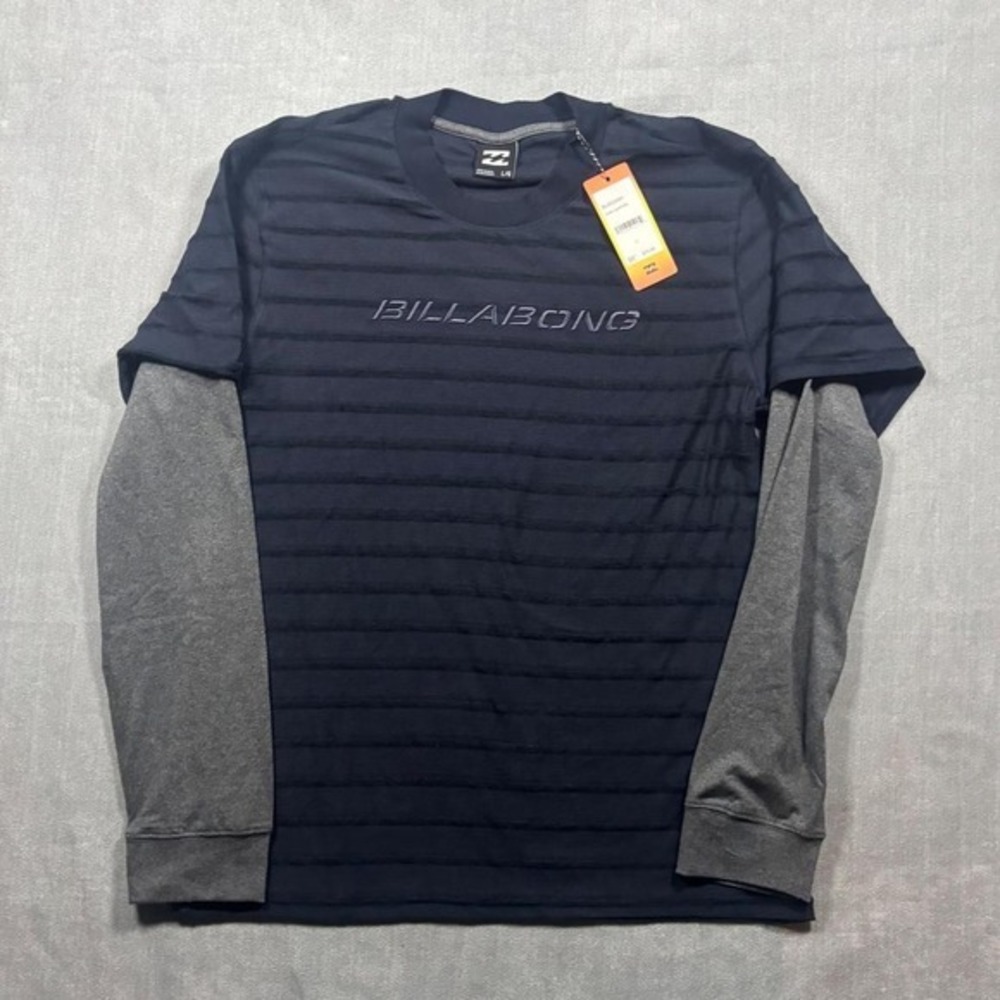 Billabong navy blue and grey stripped embroidered long sleeve shirt. NWT unisex